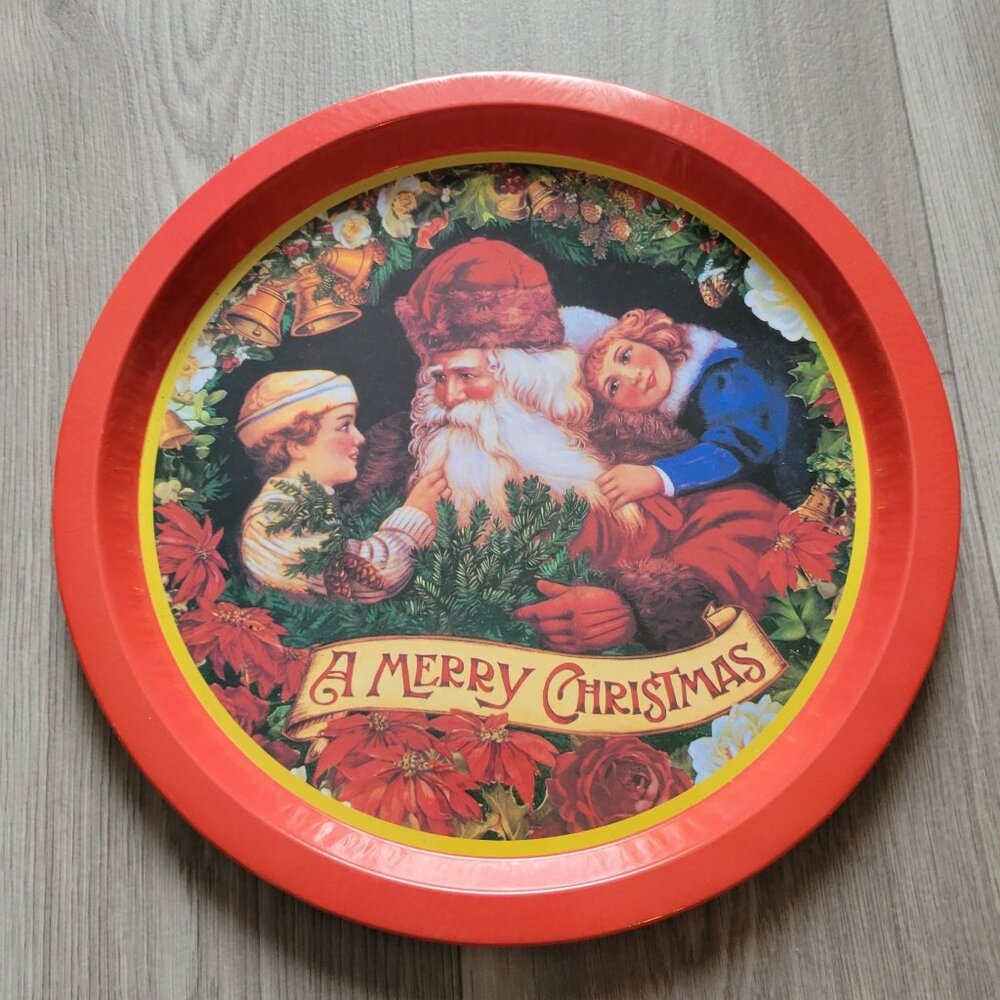 Vintage Christmas Round Metal Serving Tray Santa Claus 13" Festive Holiday Decor